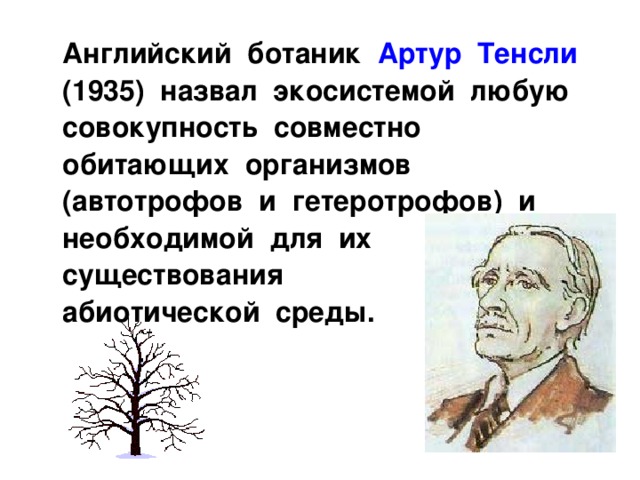  Английский ботаник Артур Тенсли (1935) назвал экосистемой любую совокупность совместно обитающих организмов (автотрофов и гетеротрофов) и необходимой для их существования абиотической среды. 