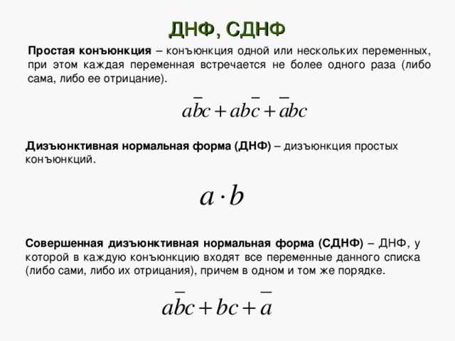 ДНФ, СДНФ Простая конъюнкция – конъюнкция одной или нескольких переменных, при этом каждая переменная встречается не более одного раза (либо сама, либо ее отрицание). Дизъюнктивная нормальная форма (ДНФ) – дизъюнкция простых конъюнкций. Совершенная дизъюнктивная нормальная форма (СДНФ) – ДНФ, у которой в каждую конъюнкцию входят все переменные данного списка (либо сами, либо их отрицания), причем в одном и том же порядке. 