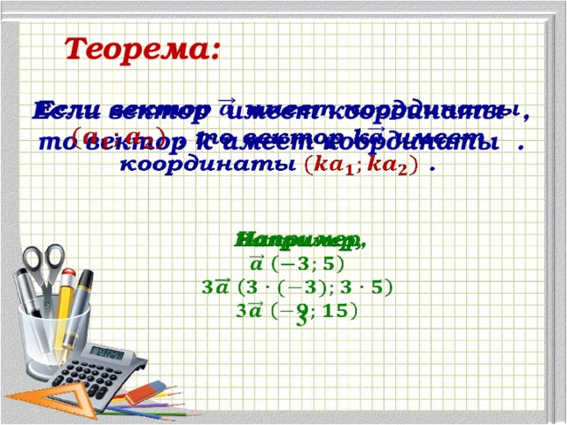 Теорема: Если вектор имеет координаты  , то вектор k имеет координаты  .   Например,     3 