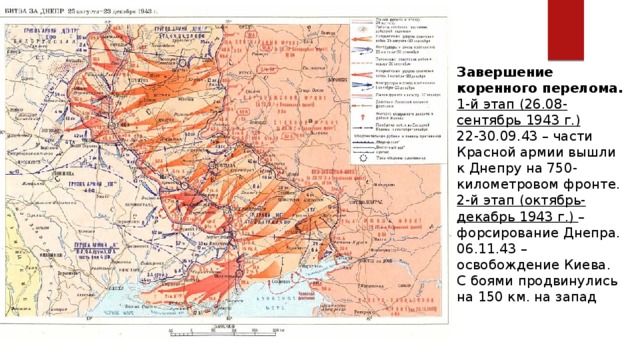 Завершение коренного перелома. 1-й этап (26.08-сентябрь 1943 г.) 22-30.09.43 – части Красной армии вышли к Днепру на 750-километровом фронте. 2-й этап (октябрь-декабрь 1943 г.) – форсирование Днепра. 06.11.43 – освобождение Киева. С боями продвинулись на 150 км. на запад 
