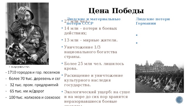 Цена Победы Людские и материальные потери СССР Людские потери Германии 27 млн чел.: 14 млн – потери в боевых действиях; 13 млн – мирные жители. Уничтожение 1/3 национального богатства страны. Более 25 млн чел. лишилось крова. Расхищение и уничтожение культурного наследия государства. Экологический ущерб: на суше и на море до сих пор хранятся неразорвавшиеся боевые снаряды. 11 млн человек: 6,7 млн – потери в боевых действиях; 4,3 млн – мирные жители. 