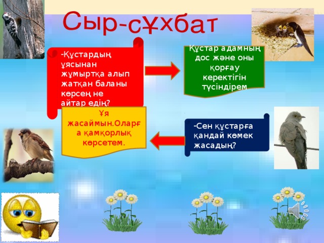 Құстардың ұясынан жұмыртқа алып жатқан баланы көрсең не айтар едің? Құстар адамның дос және оны қорғау керектігін түсіндірем Ұя жасаймын.Оларға қамқорлық көрсетем. Сен құстарға қандай көмек жасадың? 