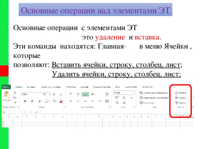 Основные операции над элементами ЭТ Основные операции с элементами ЭТ  это удаление и вставка. Эти команды находятся: Главная в меню Ячейки , которые позволяют: Вставить ячейки, строку, столбец, лист ;  Удалить ячейки, строку, столбец, лист;  Удалить ячейки, строку, столбец, лист; 