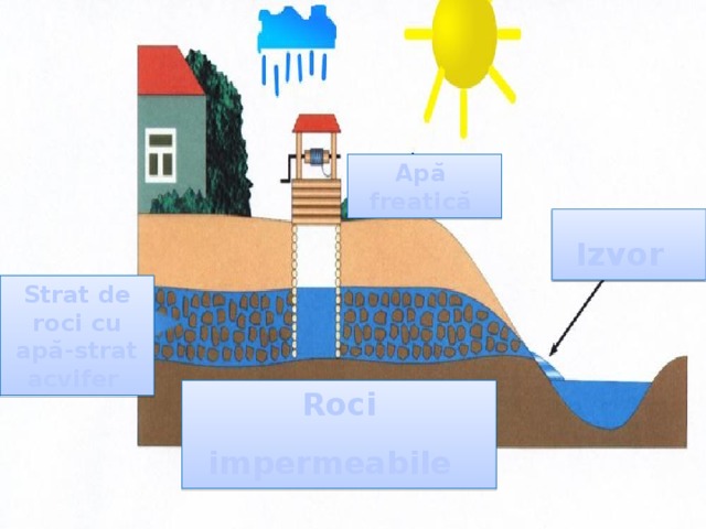 Apă freatică Izvor  Strat de roci cu apă-strat acvifer Roci impermeabile  