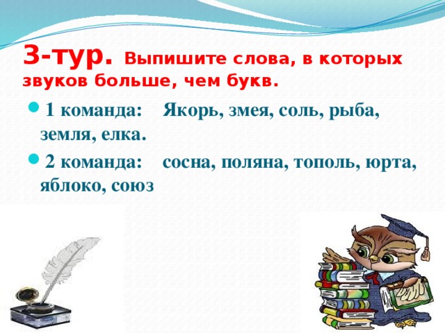 3 - тур. Выпишите слова, в которых звуков больше, чем букв. 1 команда: Якорь, змея, соль, рыба, земля, елка. 2 команда: сосна, поляна, тополь, юрта, яблоко, союз ю    