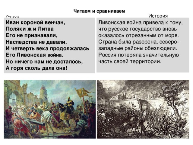 Читаем  и сравниваем История Стихи Иван короной венчан, Поляки ж и Литва Его не признавали, Наследства не давали. И четверть века продолжалась Его Ливонская война . Но ничего нам не досталось, А горя сколь дала она! Ливонская война привела к тому, что русское государство вновь оказалось отрезанным от моря. Страна была разорена, северо-западные районы обезлюдели. Россия потеряла значительную часть своей территории. 