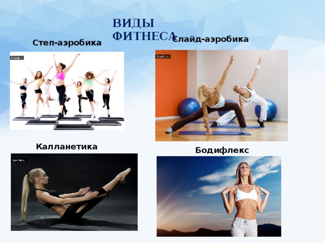 ВИДЫ Фитнеса Слайд-аэробика Степ-аэробика Калланетика Бодифлекс 