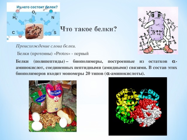 Происхождение слова белки.  Белки (протеины) «Protos» - первый Белки (полипептиды) – биополимеры, построенные из остатков α-аминокислот, соединенных пептидными (амидными) связями. В состав этих биополимеров входят мономеры 20 типов (α-аминокислоты).  