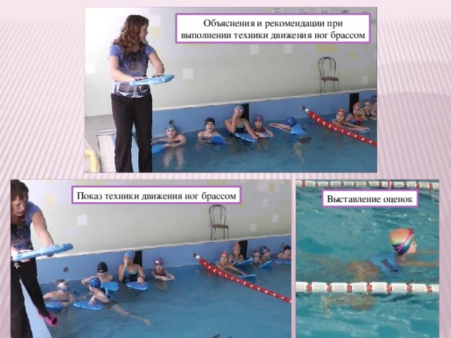 Объяснения и рекомендации при выполнении техники движения ног брассом Показ техники движения ног брассом Выставление оценок 