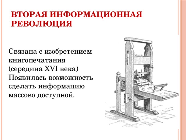 Вторая информационная революция Связана с изобретением книгопечатания (середина XVI века) Появилась возможность сделать информацию массово доступной. 