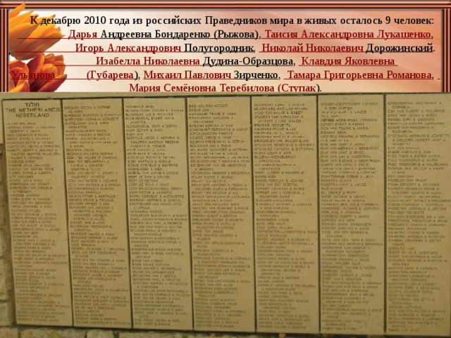  К декабрю 2010 года из российских Праведников мира в живых осталось 9 человек: Дарья Андреевна Бондаренко (Рыжова) , Таисия Александровна Лукашенко , Игорь Александрович Полугородник , Николай Николаевич Дорожинский . Изабелла Николаевна Дудина-Образцова , Клавдия Яковлевна Ульянова           (Губарева ) , Михаил Павлович Зирченко , Тамара Григорьевна Романова ,  Мария Семёновна Теребилова ( Ступак ) . . 