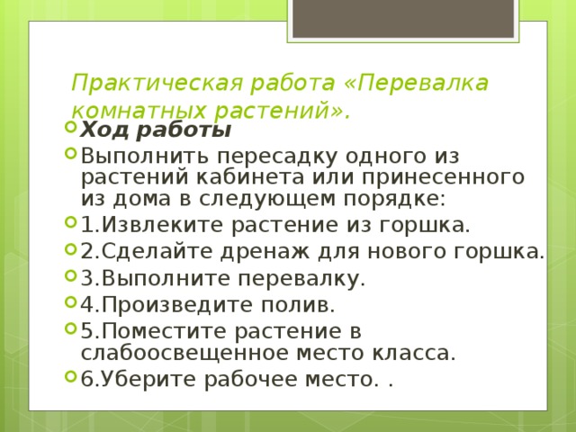 Практическая работа «Перевалка комнатных растений».   Ход работы Выполнить пересадку одного из растений кабинета или принесенного из дома в следующем порядке: 1.Извлеките растение из горшка. 2.Сделайте дренаж для нового горшка. 3.Выполните перевалку. 4.Произведите полив. 5.Поместите растение в слабоосвещенное место класса. 6.Уберите рабочее место. .  