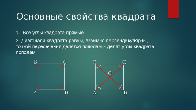 Основные свойства квадрата 1. Все углы квадрата прямые 2. Диагонали квадрата равны, взаимно перпендикулярны, точкой пересечения делятся пополам и делят углы квадрата пополам   C B B C O D A A D 