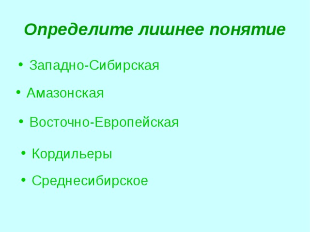Определите лишнее понятие Западно-Сибирская Амазонская Восточно-Европейская Кордильеры Среднесибирское  