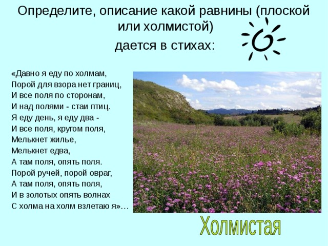 Определите, описание какой равнины (плоской или холмистой)  дается в стихах:  «Давно я еду по холмам, Порой для взора нет границ, И все поля по сторонам, И над полями - стаи птиц. Я еду день, я еду два - И все поля, кругом поля, Мелькнет жилье, Мелькнет едва, А там поля, опять поля. Порой ручей, порой овраг, А там поля, опять поля, И в золотых опять волнах С холма на холм взлетаю я»…  