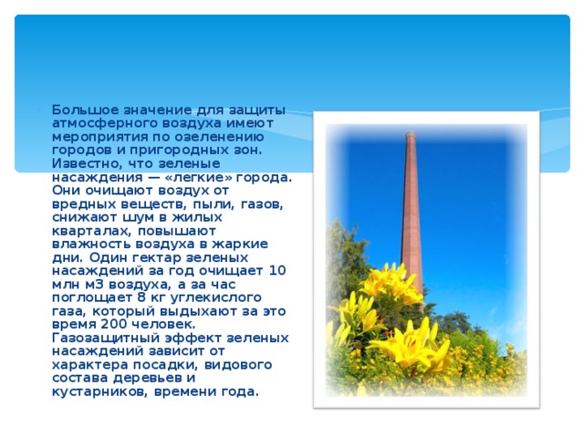 Большое значение для защиты атмосферного воздуха имеют мероприятия по озеленению городов и пригородных зон. Известно, что зеленые насаждения — «легкие» города. Они очищают воздух от вредных веществ, пыли, газов, снижают шум в жилых кварталах, повышают влажность воздуха в жаркие дни. Один гектар зеленых насаждений за год очищает 10 млн м3 воздуха, а за час поглощает 8 кг углекислого газа, который выдыхают за это время 200 человек. Газозащитный эффект зеленых насаждений зависит от характера посадки, видового состава деревьев и кустарников, времени года. 