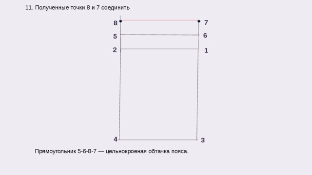 11. Полученные точки 8 и 7 соединить 7 8 6 5 2 1 4  3 Прямоугольник 5-6-8-7 — цельнокроеная обтачка пояса.  