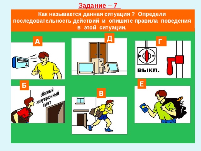 Задание – 7 Как называется данная ситуация ? Определи последовательность действий и опишите правила поведения в этой ситуации. Д А Г  Е Б В 