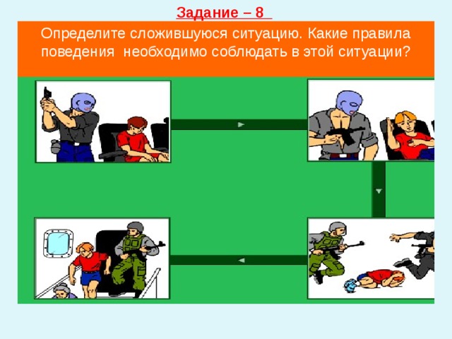 Задание – 8 Определите сложившуюся ситуацию. Какие правила поведения необходимо соблюдать в этой ситуации? 