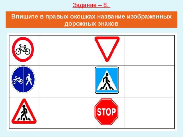 Задание – 8. Впишите в правых окошках название изображенных дорожных знаков 