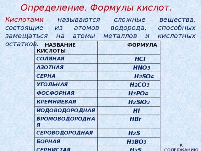 Определение. Формулы кислот. Кислотами называются сложные вещества, состоящие из атомов водорода, способных замещаться на атомы металлов и кислотных остатков.   НАЗВАНИЕ КИСЛОТЫ  ФОРМУЛА СОЛЯНАЯ  HCl АЗОТНАЯ  HNO 3 СЕРНА  Н 2 SO 4 УГОЛЬНАЯ  H 2 CO 3 ФОСФОРНАЯ  H 3 PO 4 КРЕМНИЕВАЯ  H 2 SiO 3 ЙОДОВОДОРОДНАЯ  HI БРОМОВОДОРОДНАЯ  HBr СЕРОВОДОРОДНАЯ  H 2 S БОРНАЯ  H 3 BO 3 СЕРНИСТАЯ  H 2 S К содержанию 