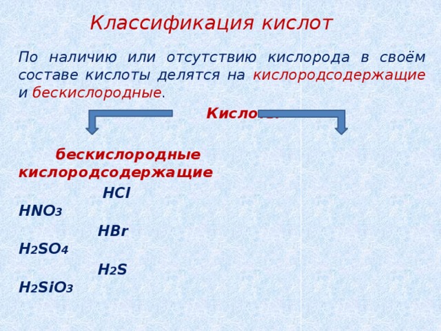 Классификация  кислот По наличию или отсутствию кислорода в своём составе кислоты делятся на кислородсодержащие и бескислородные .  Кислоты   бескислородные  кислородсодержащие  HCl HNO 3  HBr H 2 SO 4  H 2 S H 2 SiO 3 