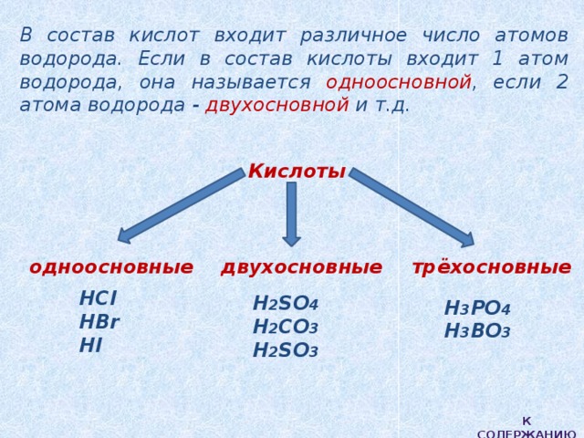 В состав кислот входит различное число атомов водорода. Если в состав кислоты входит 1 атом водорода, она называется одноосновной , если 2 атома водорода - двухосновной и т.д.  Кислоты       одноосновные двухосновные трёхосновные HCl  HBr  HI H 2 SO 4  H 2 CO 3  H 2 SO 3 H 3 PO 4  H 3 BO 3 К содержанию 