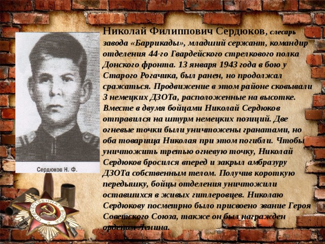 Николай Филиппович Сердюков , слесарь  завода «Баррикады», младший сержант, командир отделения 44-го Гвардейского стрелкового полка Донского фронта. 13 января 1943 года в бою у Старого Рогачика, был ранен, но продолжал сражаться. Продвижение в этом районе сковывали 3 немецких ДЗОТа, расположенные на высотке. Вместе в двумя бойцами Николай Сердюков отправился на штурм немецких позиций. Две огневые точки были уничтожены гранатами, но оба товарища Николая при этом погибли. Чтобы уничтожить третью огневую точку, Николай Сердюков бросился вперед и закрыл амбразуру ДЗОТа собственным телом. Получив короткую передышку, бойцы отделения уничтожили оставшихся в живых гитлеровцев. Николаю Сердюкову посметрно было присвоено звание Героя Советского Союза, также он был награжден орденом Ленина. 