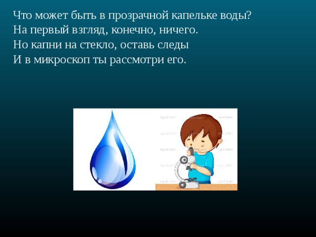 Что может быть в прозрачной капельке воды?  На первый взгляд, конечно, ничего.  Но капни на стекло, оставь следы  И в микроскоп ты рассмотри его. 