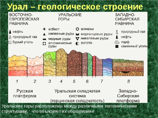 Урал – геологическое строение   Уральские горы расположены между различными тектоническими структурами, что объясняет их образование 