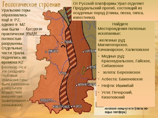 Урал От Русской платформы Урал отделяет Предуральский прогиб, состоящий из осадочных пород (глины, песка, гипса, известняка). Уральские горы образовались ещё в PZ, однако в MZ они были практически полностью разрушены. Отдельные части Урала поднялись во времена KZ ( неогена). Но и эти складчато-глыбовые Уральские горы были разрушены в результате воздействия внешних сил (выветривания и размывания).  Найдите Месторождения полезных ископаемых: -железных руд: Магнитогорское, Качканарское, Халиловское Медных руд: Красноуральское, Гайское, Сибаевское  золота: Березовское Асбеста: Баженовское Нефти: Ишимбай Угля: Печорский, Кизеловский урал 
