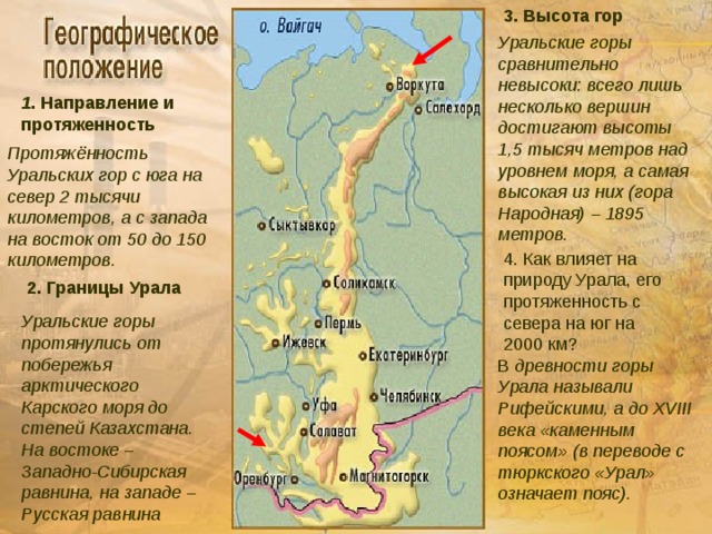 3. Высота гор Протяжённость Уральских гор с юга на север 2 тысячи километров, а с запада на восток от 50 до 150 километров. Уральские горы сравнительно невысоки: всего лишь несколько вершин достигают высоты 1,5 тысяч метров над уровнем моря, а самая высокая из них (гора Народная) – 1895 метров. 1 . Направление и  протяженность 4. Как влияет на природу Урала, его протяженность с севера на юг на 2000 км? 2. Границы Урала Уральские горы протянулись от побережья арктического Карского моря до степей Казахстана. На востоке – Западно-Сибирская равнина, на западе – Русская равнина урал В древности горы Урала называли Рифейскими, а до XVIII века «каменным поясом» (в переводе с тюркского «Урал» означает пояс).  