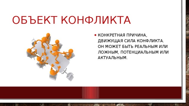 Объект конфликта Конкретная причина, движущая сила конфликта. Он может быть реальным или ложным, потенциальным или актуальным. 