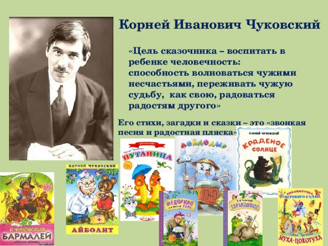 Корней Иванович Чуковский «Цель сказочника – воспитать в ребенке человечность: способность волноваться чужими несчастьями, переживать чужую судьбу, как свою, радоваться радостям другого» Его стихи, загадки и сказки – это «звонкая песня и радостная пляска» 