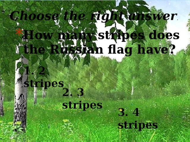 Choose the right answer . How many stripes does the Russian flag have? 1. 2 stripes 2. 3 stripes 3. 4 stripes 