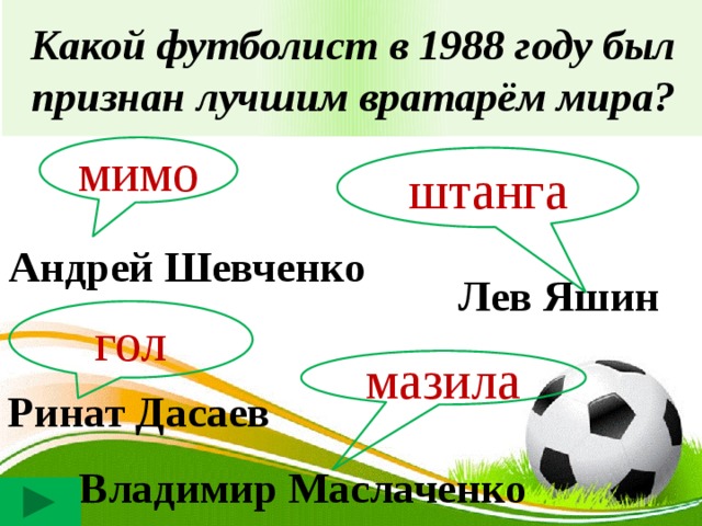 Какой футболист в 1988 году был признан лучшим вратарём мира? мимо штанга Андрей Шевченко Лев Яшин гол мазила Ринат Дасаев Владимир Маслаченко 