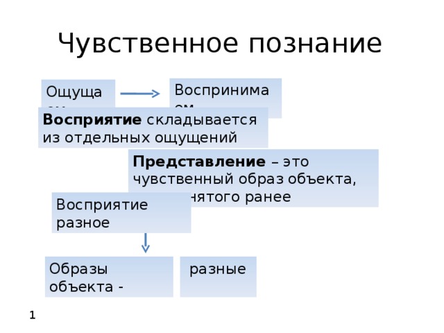 Чувственное познание Воспринимаем Ощущаем Восприятие складывается из отдельных ощущений Представление – это чувственный образ объекта, воспринятого ранее Восприятие разное Образы объекта -  разные 1 