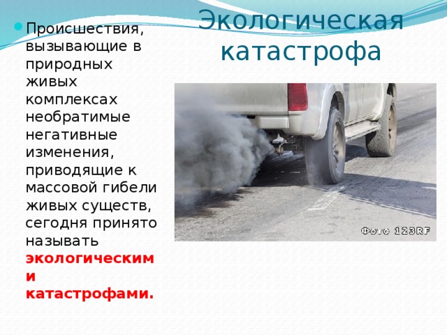 Экологическая катастрофа Происшествия, вызывающие в природных живых комплексах необратимые негативные изменения, приводящие к массовой гибели живых существ, сегодня принято называть экологическими катастрофами. 