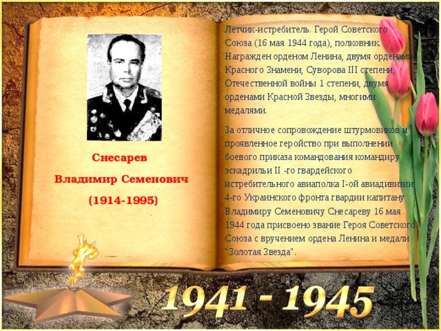   Летчик-истребитель. Герой Советского Союза (16 мая 1944 года), полковник. Награжден орденом Ленина, двумя орденами Красного Знамени, Суворова III степени, Отечественной войны 1 степени, двумя орденами Красной Звезды, многими медалями. За отличное сопровождение штурмовиков и проявленное геройство при выполнении боевого приказа командования командиру эскадрильи II -го гвардейского истребительного авиаполка I-ой авиадивизии 4-го Украинского фронта гвардии капитану Владимиру Семеновичу Снесареву 16 мая 1944 года присвоено звание Героя Советского Союза с вручением ордена Ленина и медали 