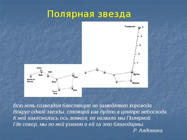 Полярная звезда Всю ночь созвездия блестящие не замедляют хоровода  Вокруг одной звезды, стоящей как будто в центре небосвода.  К ней наклонилась ось земная, ее назвали мы Полярной.  Где север, мы по ней узнаем и ей за это благодарны.  Р. Алдонина  