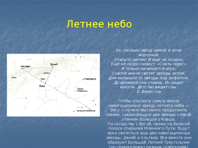 Летнее небо Ах, сколько звёзд зимой, в ночи морозной,  Открыто детям! И ещё не поздно,  Ещё не скоро скажут: «Спать пора!»  И только начинается игра.  Совсем иначе светят звёзды летом.  Для малышей те звёзды под запретом,  До времени они утаены. Их видит юность. Детство видит сны. В. Берестов  Чтобы отыскать самую яркую навигационную звезду летнего неба — Вегу — нужно мысленно продолжить линию, соединяющую две звезды «левой стенки» Большого Ковша. По соседству с Вегой, прямо на белесой полосе спиралей Млечного Пути, будут ярко светиться еще две навигационные звезды: Денеб и Альтаир. Все вместе они образуют Большой Летний Треугольник (но принадлежат разным созвездиям) 
