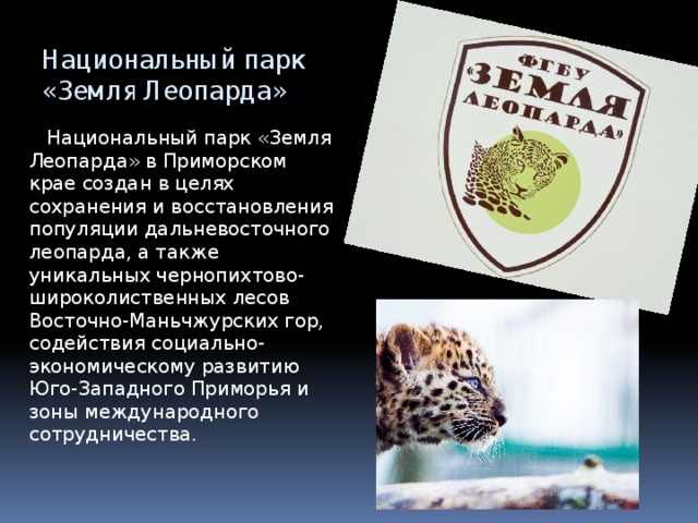 Национальный парк  «Земля Леопарда»  Национальный парк «Земля Леопарда» в Приморском крае создан в целях сохранения и восстановления популяции дальневосточного леопарда, а также уникальных чернопихтово-широколиственных лесов Восточно-Маньчжурских гор, содействия социально-экономическому развитию Юго-Западного Приморья и зоны международного сотрудничества. 