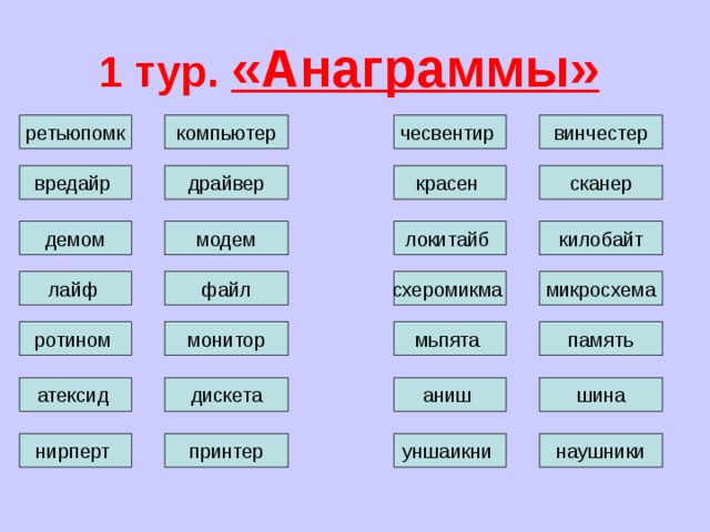 1 тур. «Анаграммы»  ретьюпомк компьютер винчестер чесвентир вредайр драйвер сканер красен локитайб килобайт демом модем микросхема схеромикма файл лайф  память мьпята ротином  монитор аниш шина дискета атексид  уншаикни принтер нирперт  наушники 