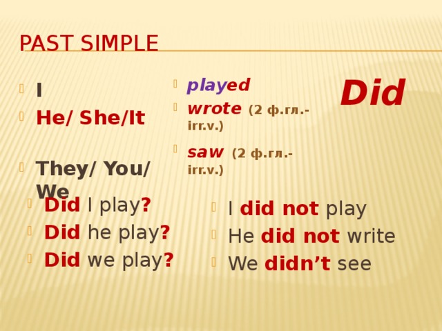 past simple Did play ed wrote (2 ф.гл.- irr.v.) saw  (2 ф.гл.- irr.v.) I He/ She/It They/ You/ We Did I play ? Did he play ? Did we play ? I did not play He did not write We didn’t see 