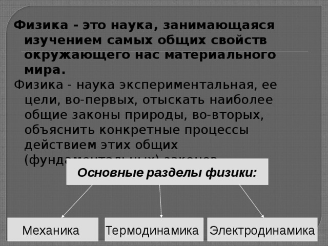 Физика - это наука, занимающаяся изучением самых общих свойств окружающего нас материального мира. Физика - наука экспериментальная, ее цели, во-первых, отыскать наиболее общие законы природы, во-вторых, объяснить конкретные процессы действием этих общих (фундаментальных) законов.  Основные разделы физики: Механика Термодинамика Электродинамика 