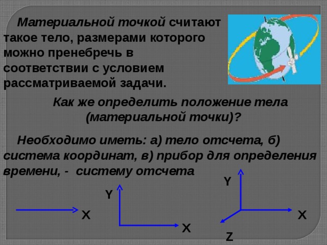  Материальной точкой считают такое тело, размерами которого можно пренебречь в соответствии с условием рассматриваемой задачи.  Как же определить положение тела (материальной точки)?  Необходимо иметь: а) тело отсчета, б) система координат, в) прибор для определения времени, - систему отсчета  Y Y Х X Х Z 