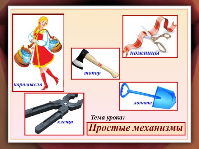 Трудно нести Воду с колодца, Вёдра тяжёлые, А хозяйка смеётся. Воду несёт - Руки свободны: Плечи несут Полнёхоньки вёдра. Этот предмет С загадочным смыслом Есть два крючка У… Инструмент бывалый - Не большой, не малый. У него полно забот: Он и режет и стрижет. Кланяется, кланяется, Придёт домой - растянется Железный нос В землю врос, Роет, копает, Землю разрыхляет Цепкий рот на тех сердит, Кто зазря в доске сидит Тема урока:  