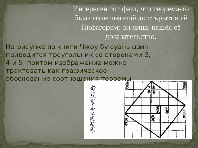 Интересен тот факт, что теорема-то была известна ещё до открытия её Пифагором; он лишь нашёл её доказательство. На рисунке из книги Чжоу бу суань цзин приводится треугольник со сторонами 3, 4 и 5, притом изображение можно трактовать как графическое обоснование соотношения теоремы 