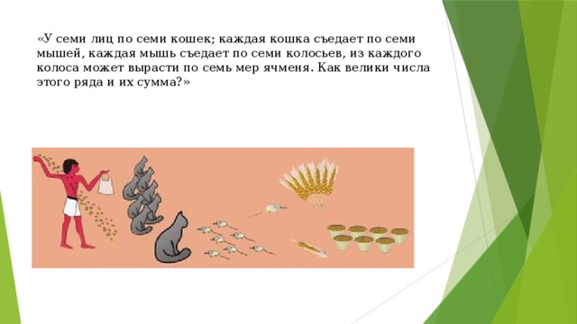 «У семи лиц по семи кошек; каждая кошка съедает по семи мышей, каждая мышь съедает по семи колосьев, из каждого колоса может вырасти по семь мер ячменя. Как велики числа этого ряда и их сумма?» 
