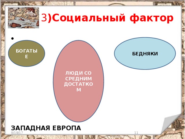 3 )Социальный фактор  ЗАПАДНАЯ ЕВРОПА БЕДНЯКИ БОГАТЫЕ ЛЮДИ СО СРЕДНИМ ДОСТАТКОМ 9/18/17  